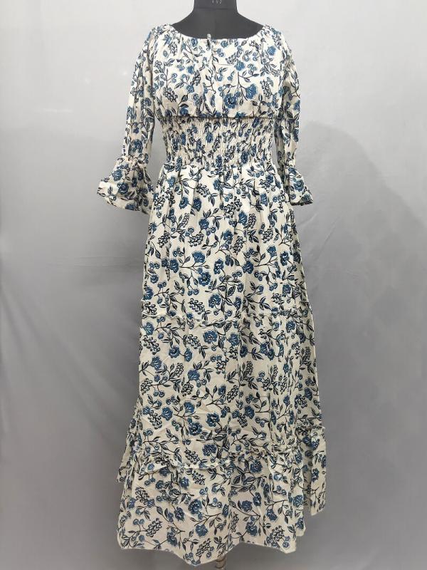 White Floral Print Maxi Gown with waistband made of Cotton fabric